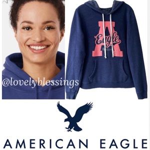 American Eagle Hoodie Graphic Logo Hooded Sweatshirt Blue Coral Pink Size Medium